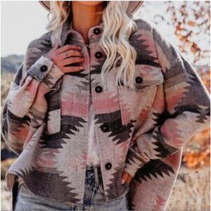 La Miel Aztec Shacket‎ Jacket Women's L Southwestern Oversized Frayed Pink Gray